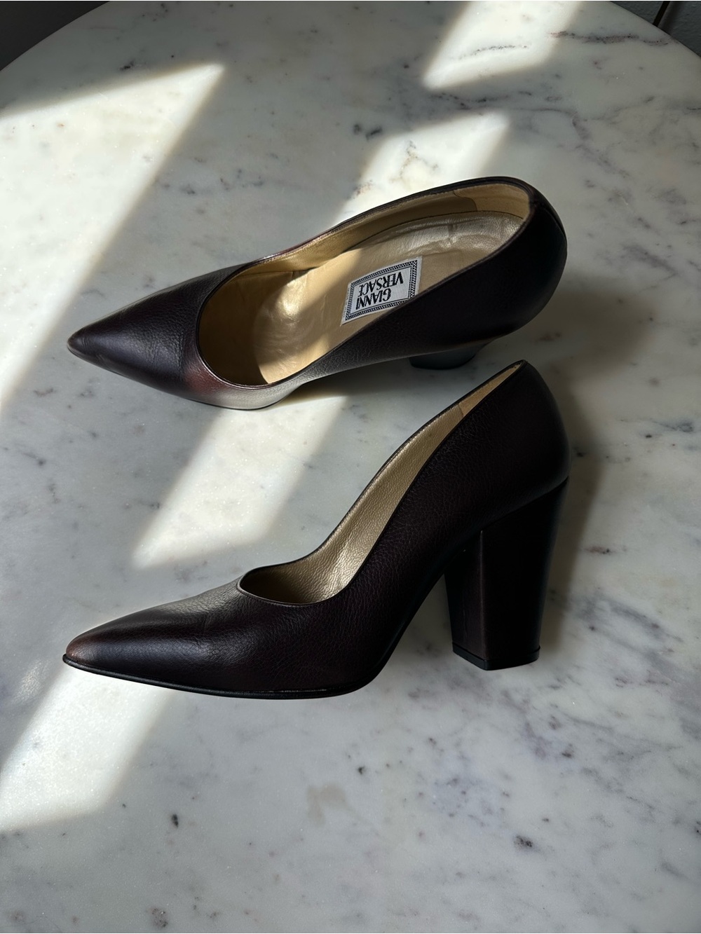 Vintage Gianni Versace Medusa Leather Pumps Italy Espresso Brown  Block Heels